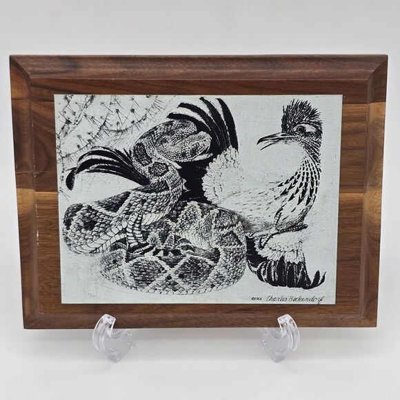 Other - 1966 Charles Beckendorf Metal Etching on Wood Base Rattlesnake & Roadrunner